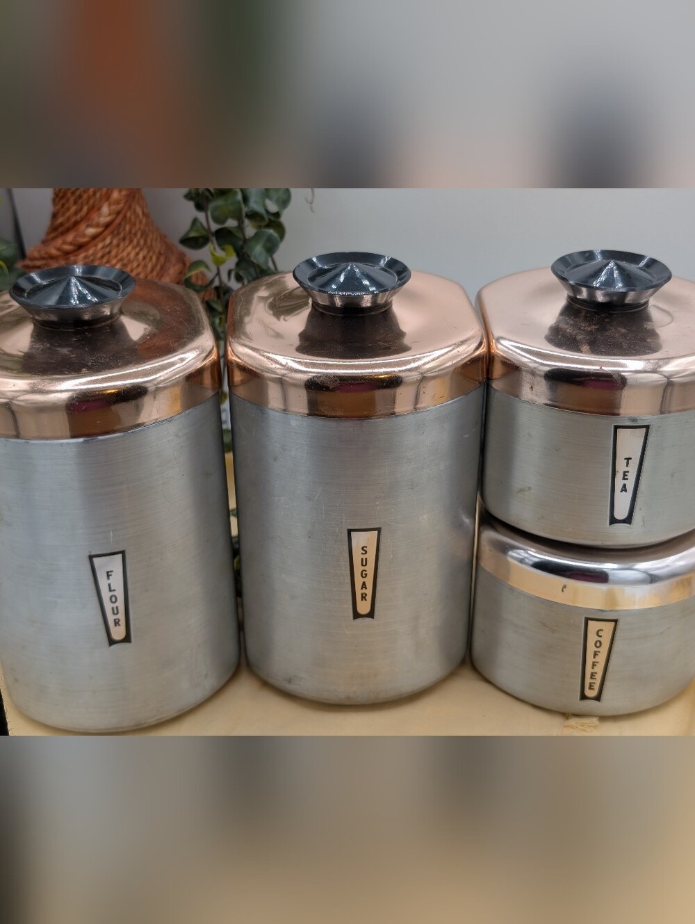 Vintage MCM Aluminum Canister Set Copper Lids Flour Sugar Coffee Tea With Scoop